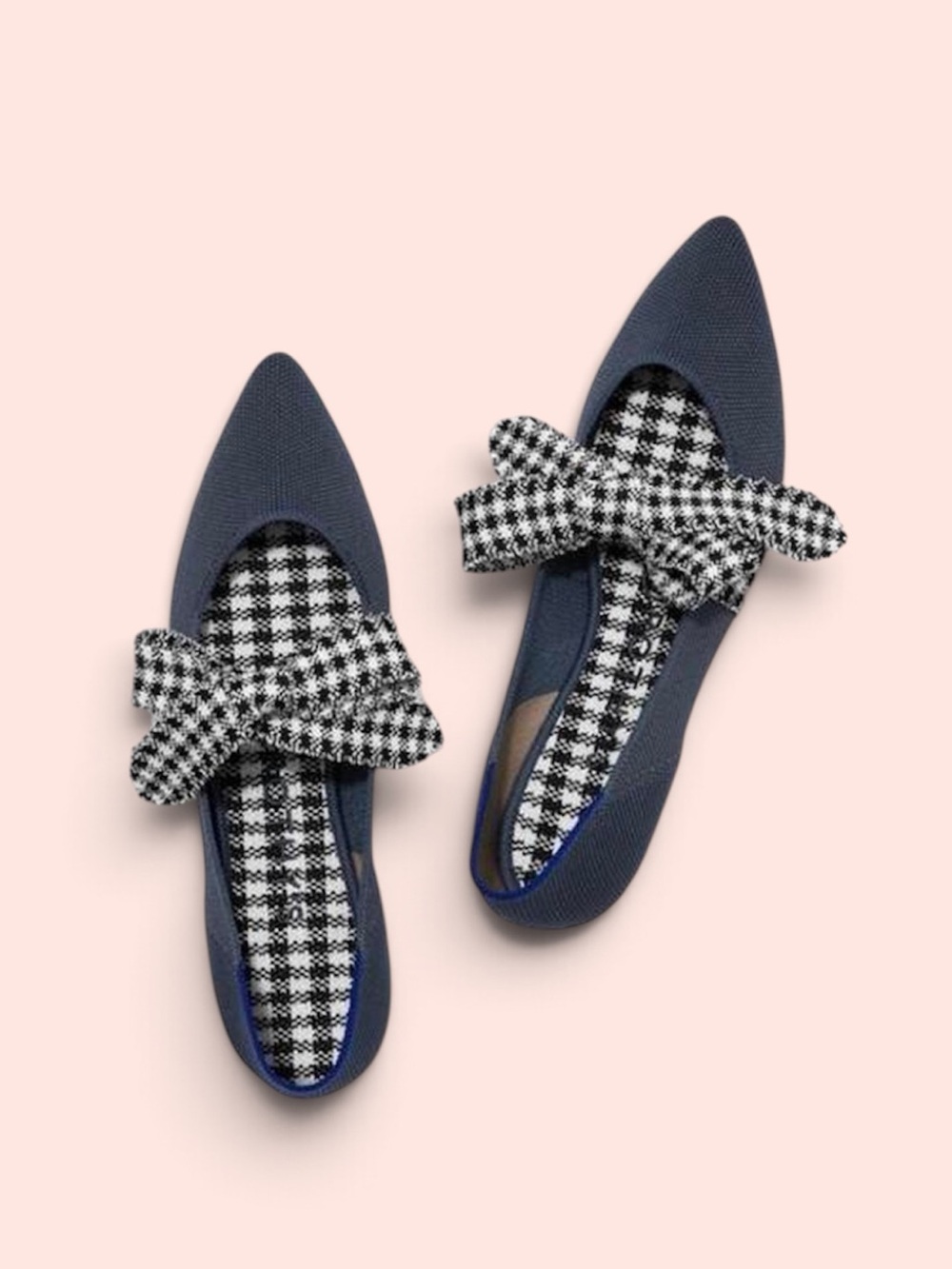 ROTHYS Mary Jane Pointed Bow Flats Ink Gingham Navy Black White